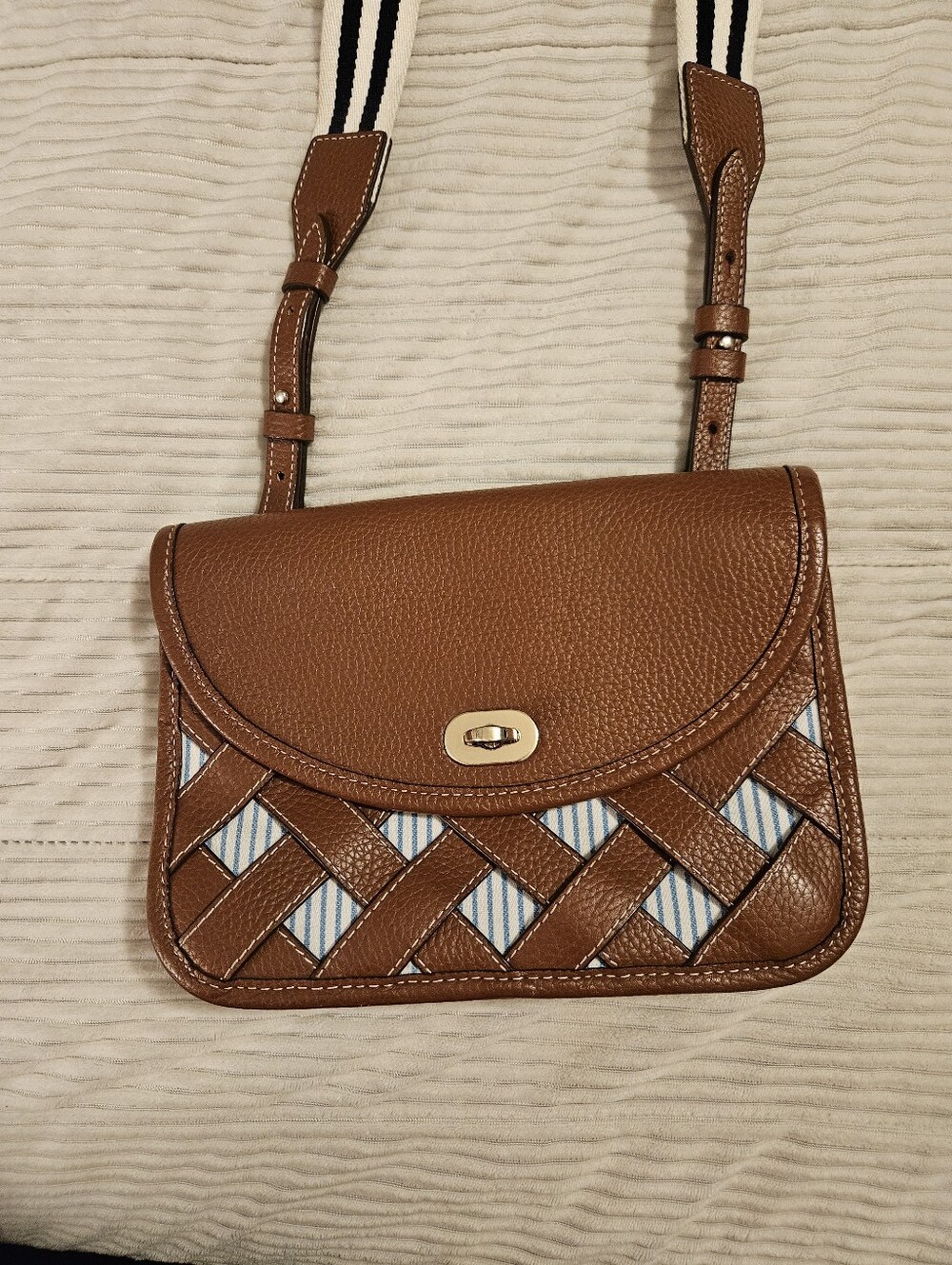 Draper James Trellis Brown Woven Blue White Stripe Crossbody Bag